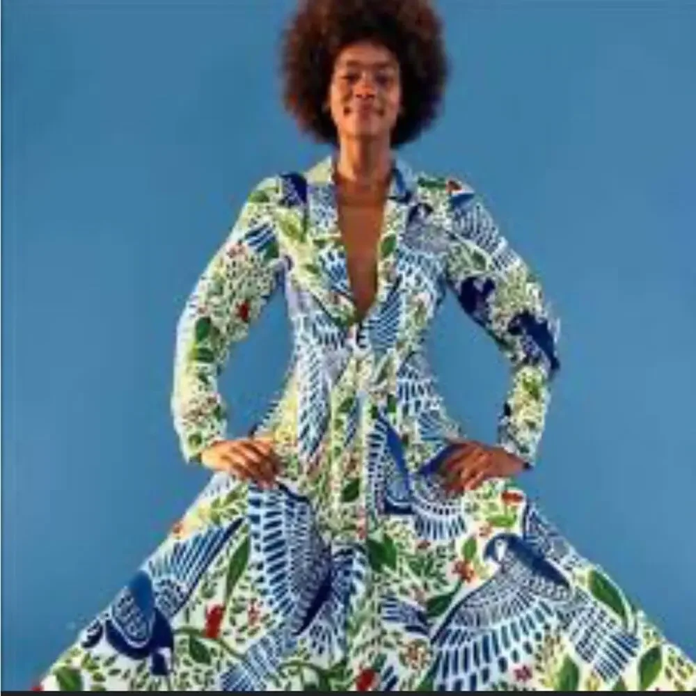 FARM Rio Blue Macaw Flight Deep V Boho Artsy Maxi Dress Size XS NWT - Picture 2 of 7